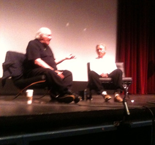Dave Hickey and Ed Ruscha on conference stage at Tamarind Press 50th Anniversary Photo by Donna Rose
