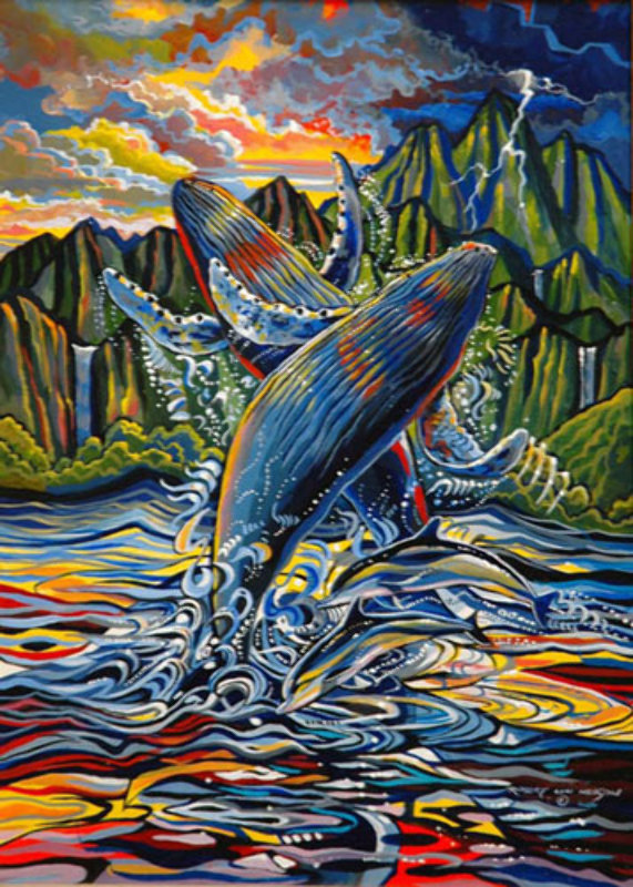 Dolphins From Above 1992 33x34 by Robert Lyn Nelson